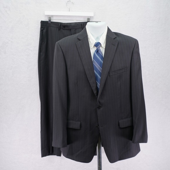 Calvin Klein Wool 2 Piece Suit -38R36 / 31.5- Black W/ Beige Blue White Stripe